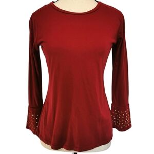 Michael Kors Crew Neck Jersey 3/4 Studded Bell Sleeve Red Burgundy Top - Sz S